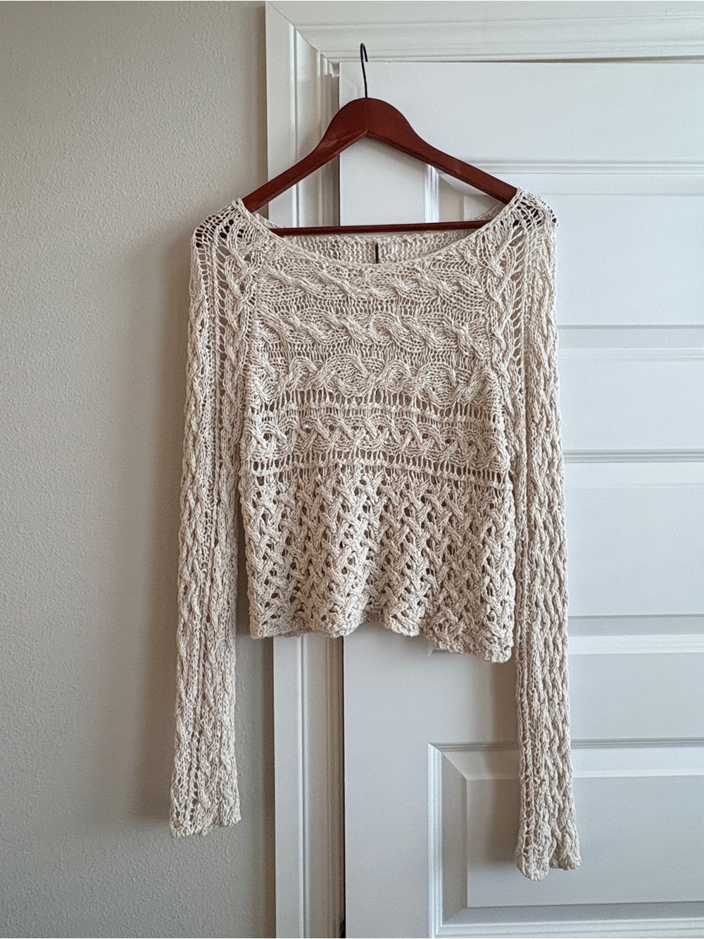Free People Ivory Open Knit Crochet Cable Sweater Boho M